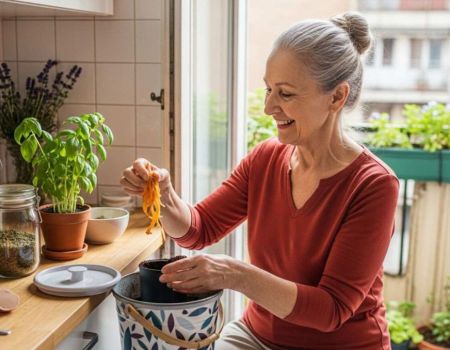 Grand-mère qui fait du compost