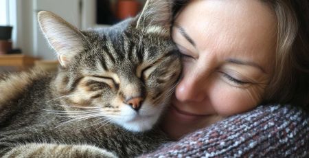 Femme qui fait un calin à son chat - crédit photo : Jiwa_Visual via Adobe Stock