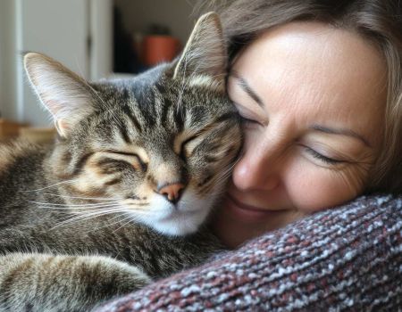 Femme qui fait un calin à son chat - crédit photo : Jiwa_Visual via Adobe Stock