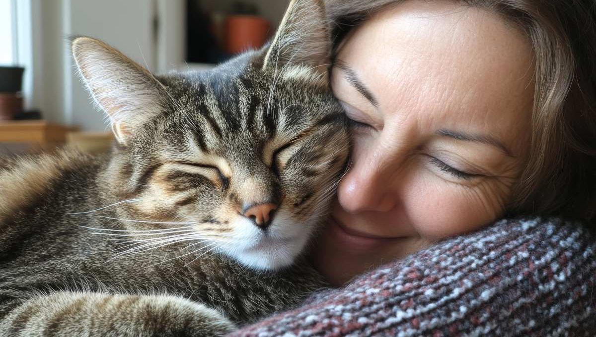 Femme qui fait un calin à son chat - crédit photo : Jiwa_Visual via Adobe Stock