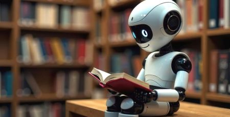 Robot qui lit dans une bibliothèque - crédit photo : Natalia via Adobe Stock