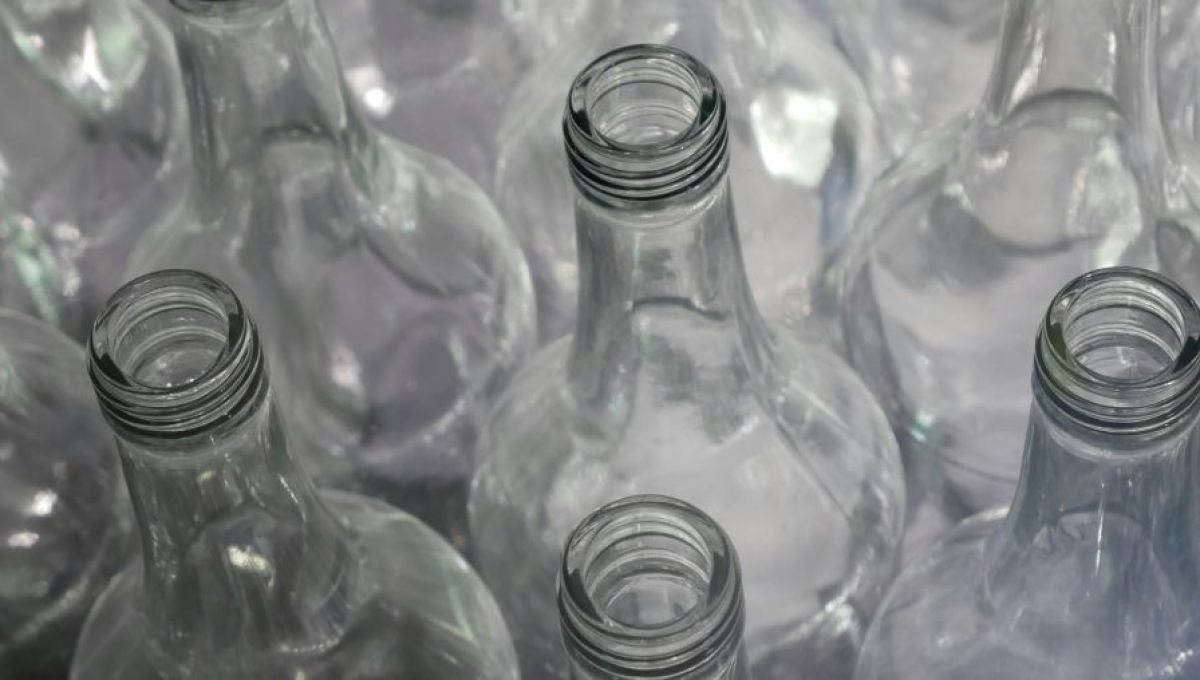 Plusieurs bouteilles en verre, en rang d'oignons