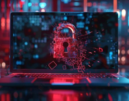 Ecran d'ordinateur portable affichant un cadenas dans un environnement rouge et bleu cybernétique