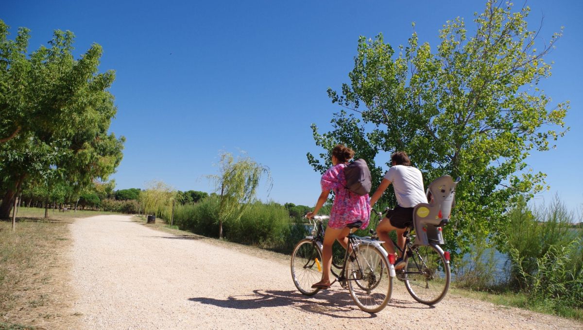 Cyclistes le long d'un lac