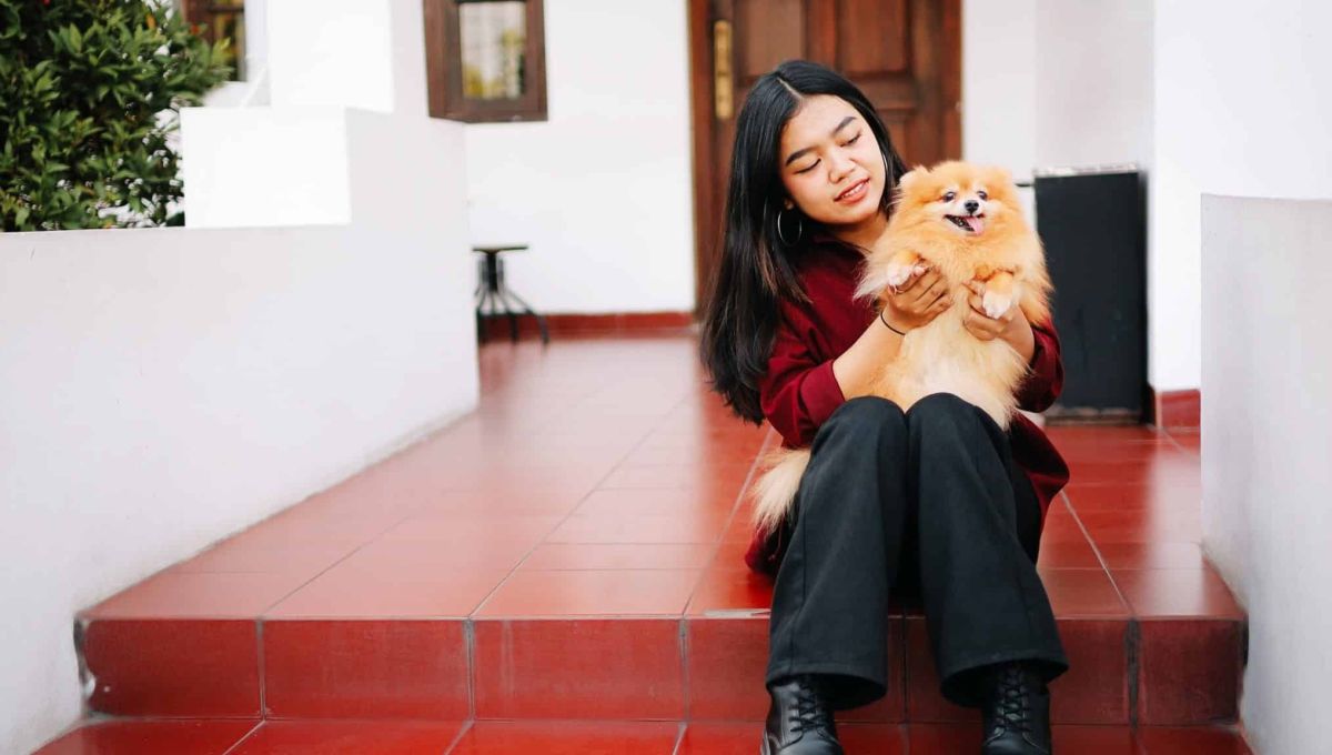 Une femme est assise sur des escaliers elle joue avec un chien