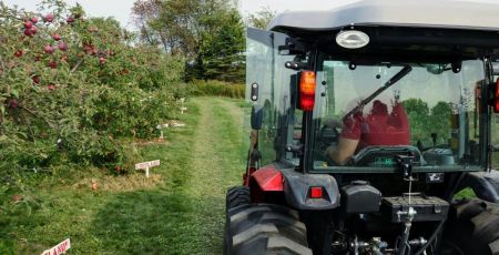 Un tracteur rouge circule dans un champ à côté d'un verger