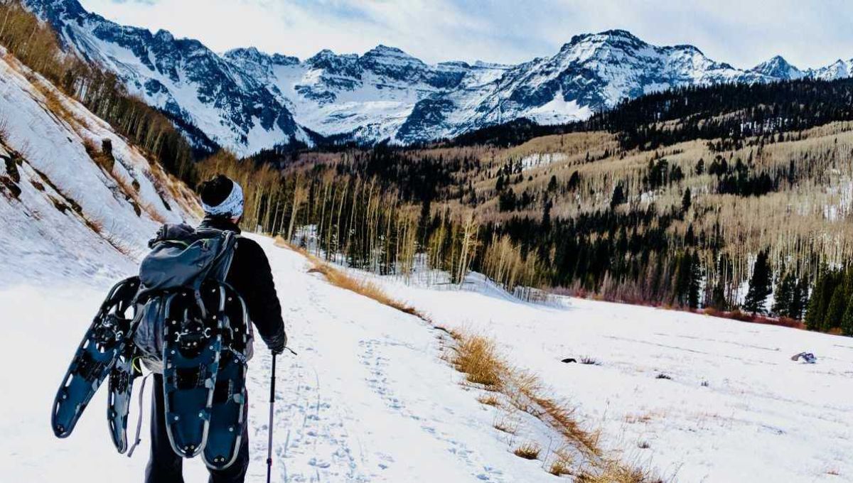 Un randonneur en montagne enneigée