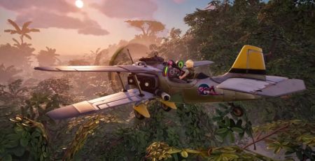 un personnage pilote un hydravion au dessus de la forêt amazonienne dans Fortnite