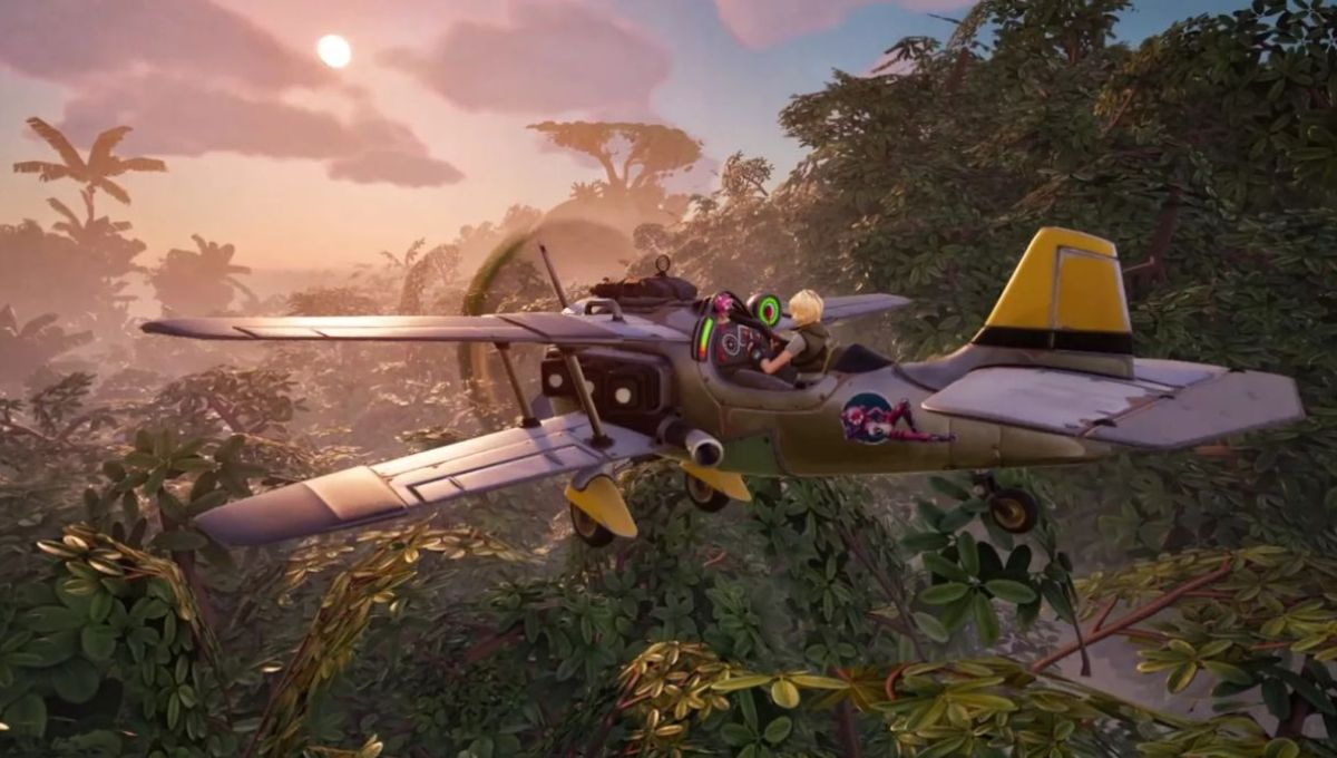 un personnage pilote un hydravion au dessus de la forêt amazonienne dans Fortnite