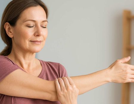 Femme qui fait un micro‑étirement - Source : Dall-E
