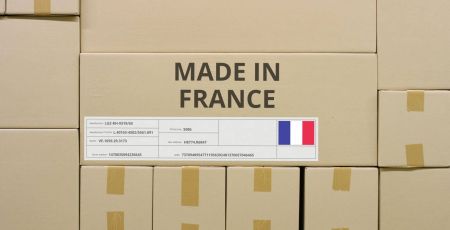 MADE IN FRANCE text and flag label on the carton in a storage