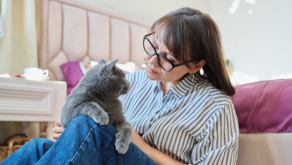 Une femme regarde tendrement son chat gris