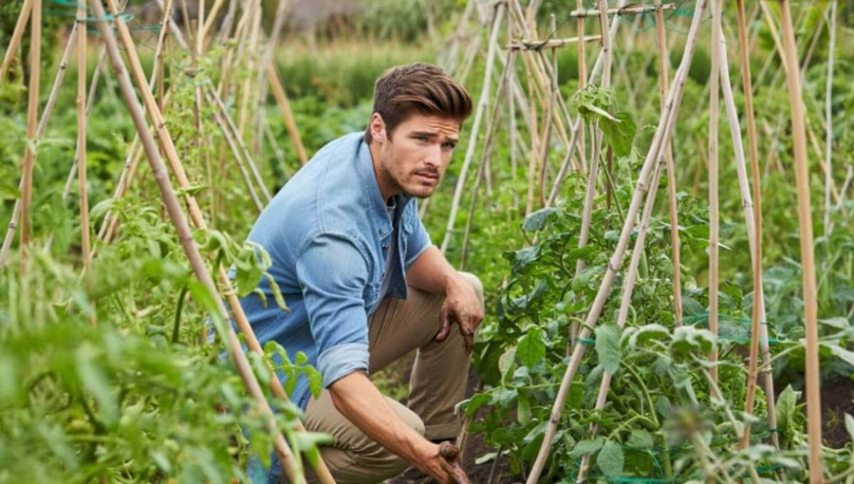 Homme et plants de tomates
