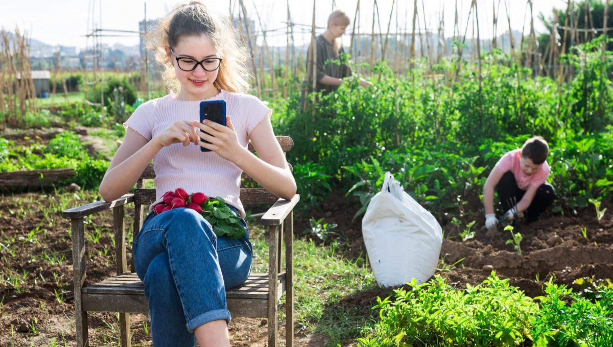 Portrait of teenage girl addicting in phone while her family working on vegetable garden