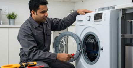 Technicien lave-linge - crédit photo : nahlatun via Adobe Stock