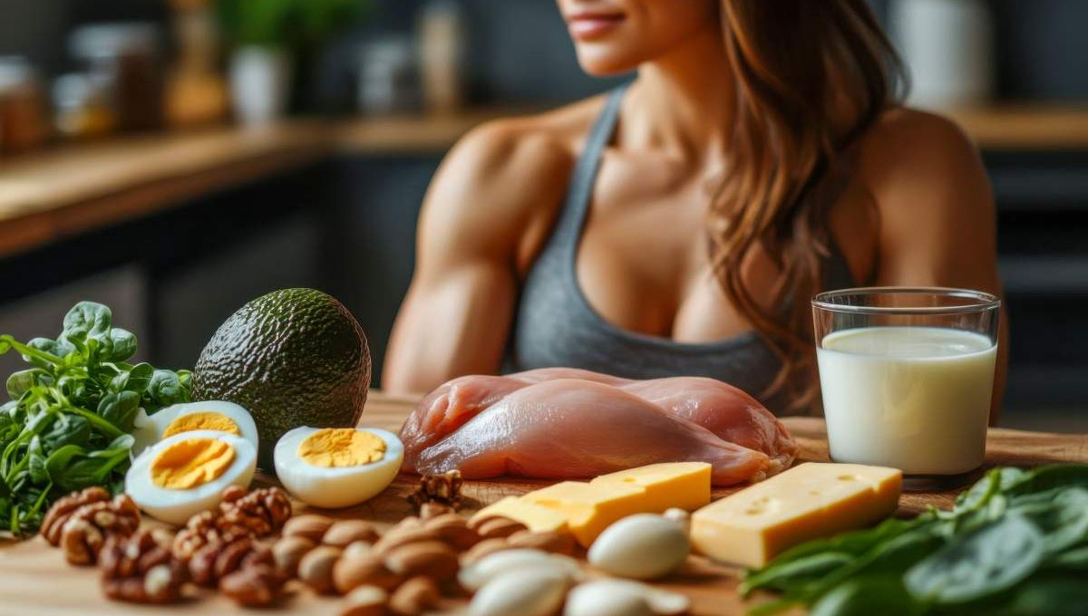 Femme luscklée devant des aliments protéinés - crédit photo : Viktoriia Boiko via Adobe Stock