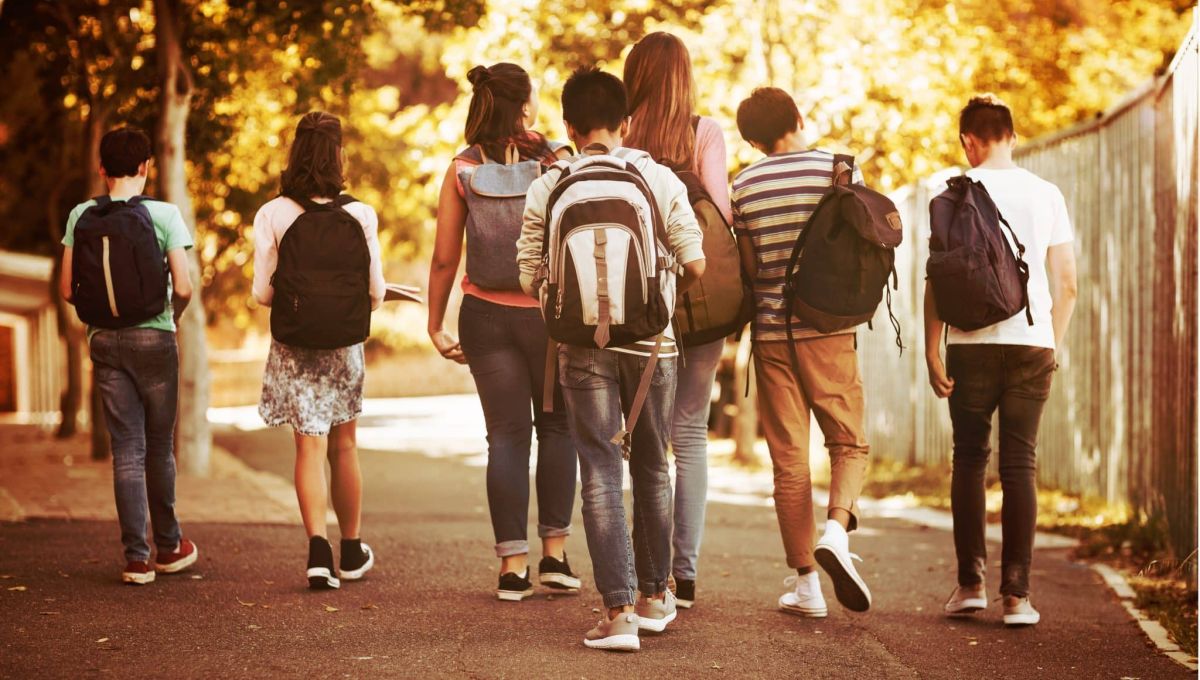 Rear view of school kids walking on road in campus