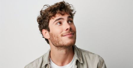 Portrait of a happy European man dressed casually looking satisfied and smiling noticing something in the distance
