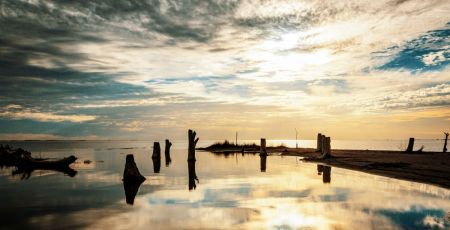 silhouette of people standing on dock during sunset