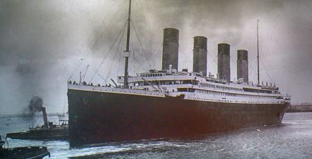 Titanic on an old photo, Belfast, Northern Ireland