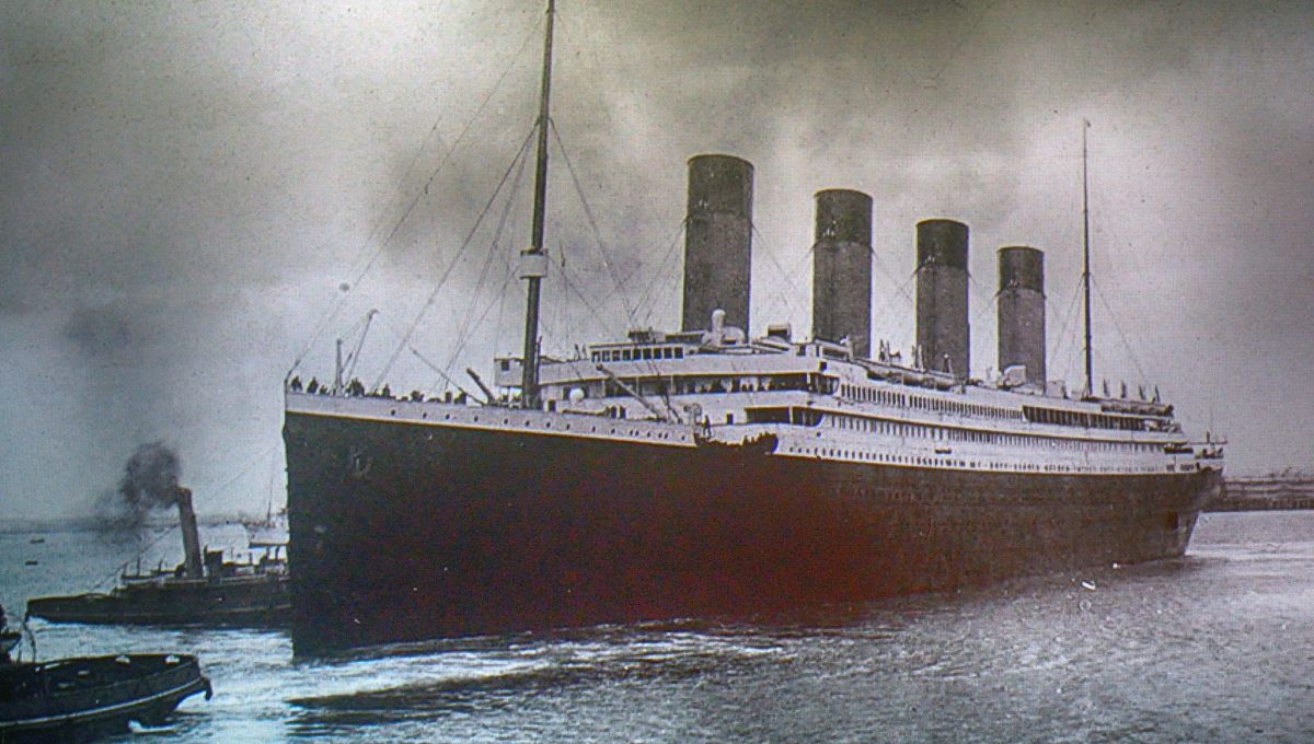 Titanic on an old photo, Belfast, Northern Ireland