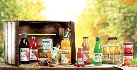 Des bouteilles de jus de fruits alignées sur une table