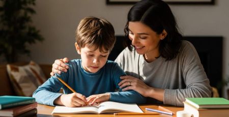 Mère qui aide son fils à faire ses devoirs